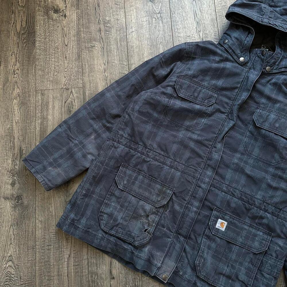 Rare Vintage 00s Quilted Carhartt Plaid Tactical Pocket Winter Ski Coat Jacket - Picture 2 of 8